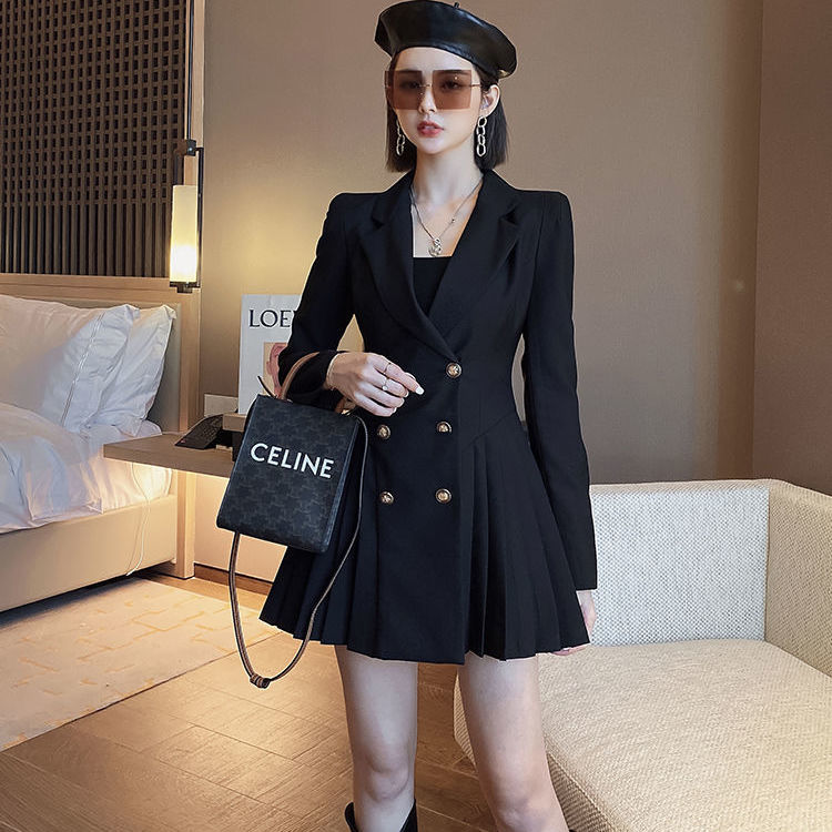 Vintage Elegant College Style Double Breasted Pleated Business Suit and Dress Women Dresses Vestido De Mujer Femme Robe alx