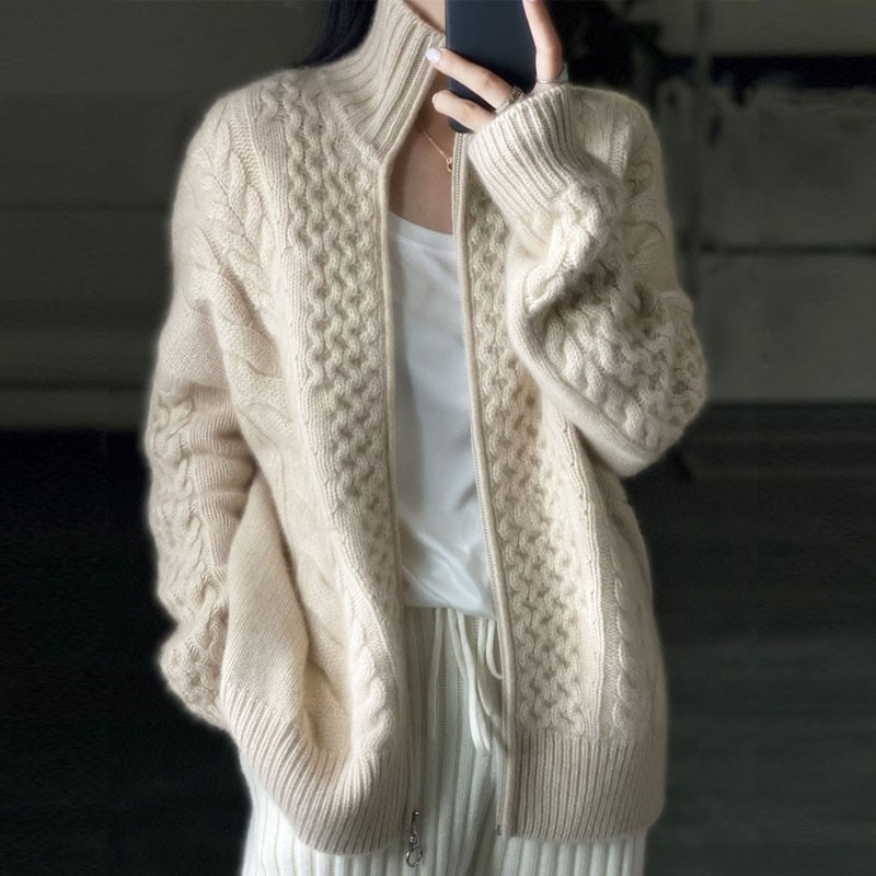 Autumn and Winter New Thick Turtleneck Cashmere Knitted Cardigan Women’s Loose Wool Sweater Cardigan Larg Size Female Jacket Top alx