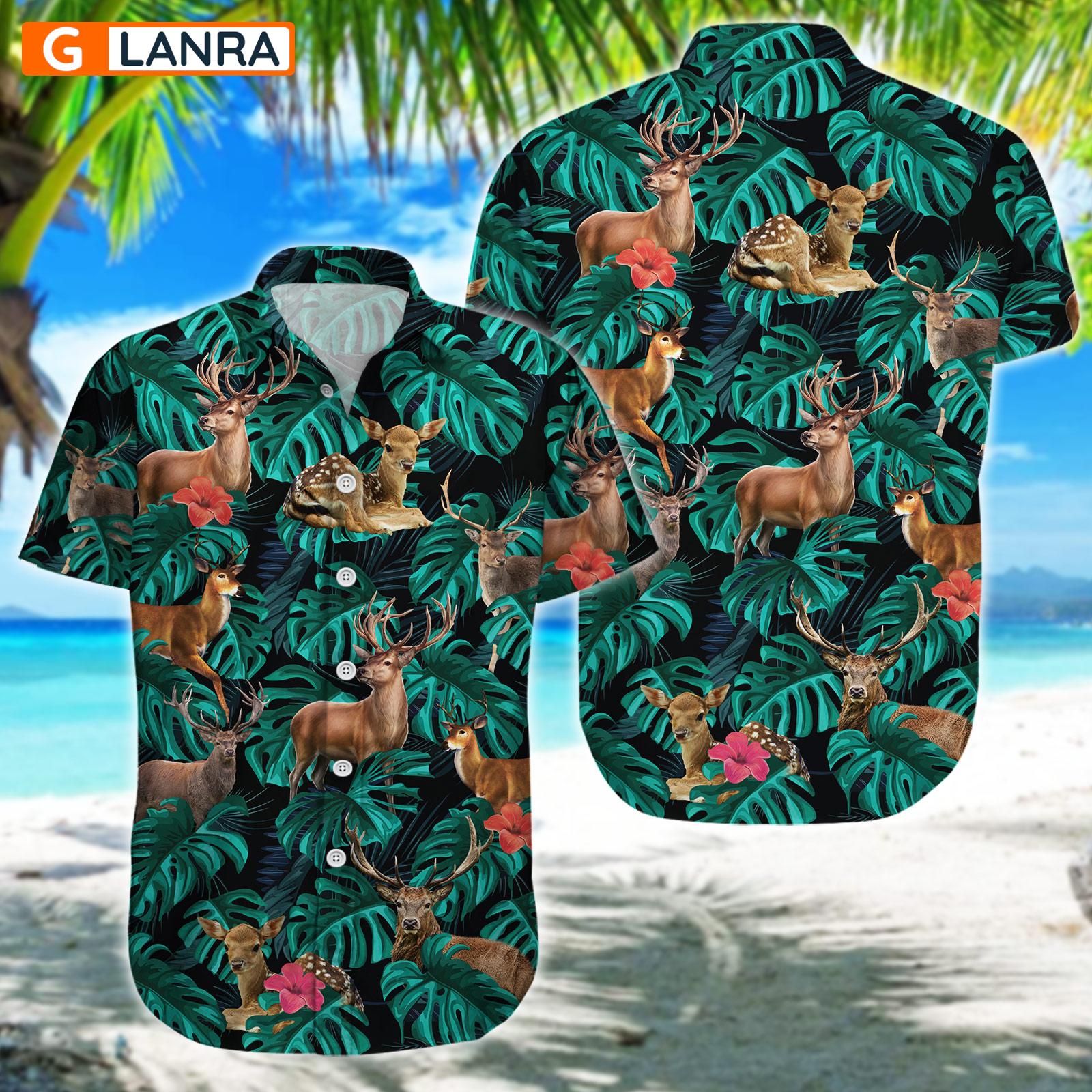 Deer Palm Leaves Flower Button Shirt, Deer Button Shirt, Summer Deer Hawaiian Shirt, Deer Leaf Hawaiian Shirt, Summer Tropical Shirt