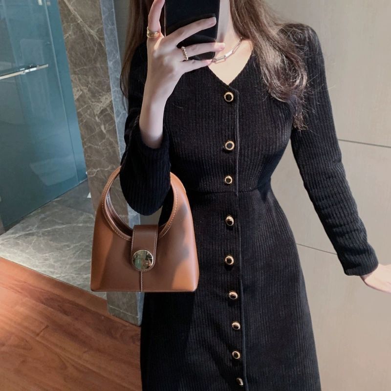 Women Long Sleeve Dress Oversize S-3XL Single Breasted V-neck Mid-calf Length Black Retro Designed Leisure Sexy Elegant New Chic alx