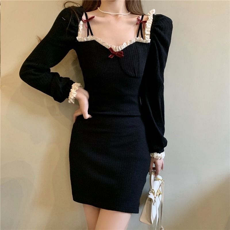 2021 new summer plus size French retro lace square collar dress female autumn and winter red knitted bottoming dress alx