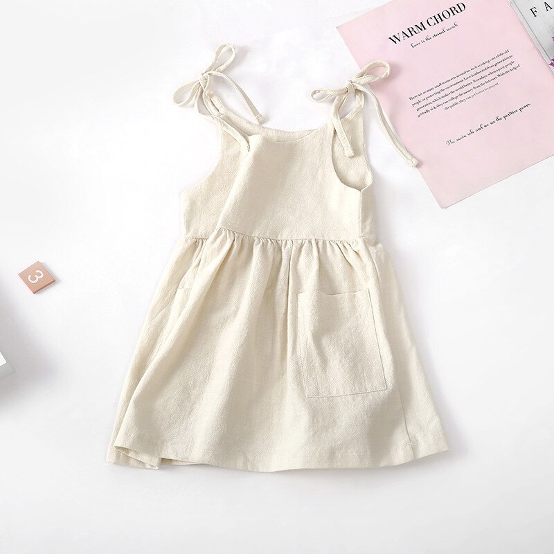 Summer Girls Clothes Dresses Pure Color Cotton Linen Sleeveless Lace-up Kids Beach Dress Party Girls Children Clothing 2-6T alx