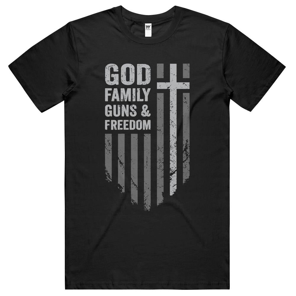 God Family Guns & Freedom – Usa Cross Flag Pro Gun T Shirts