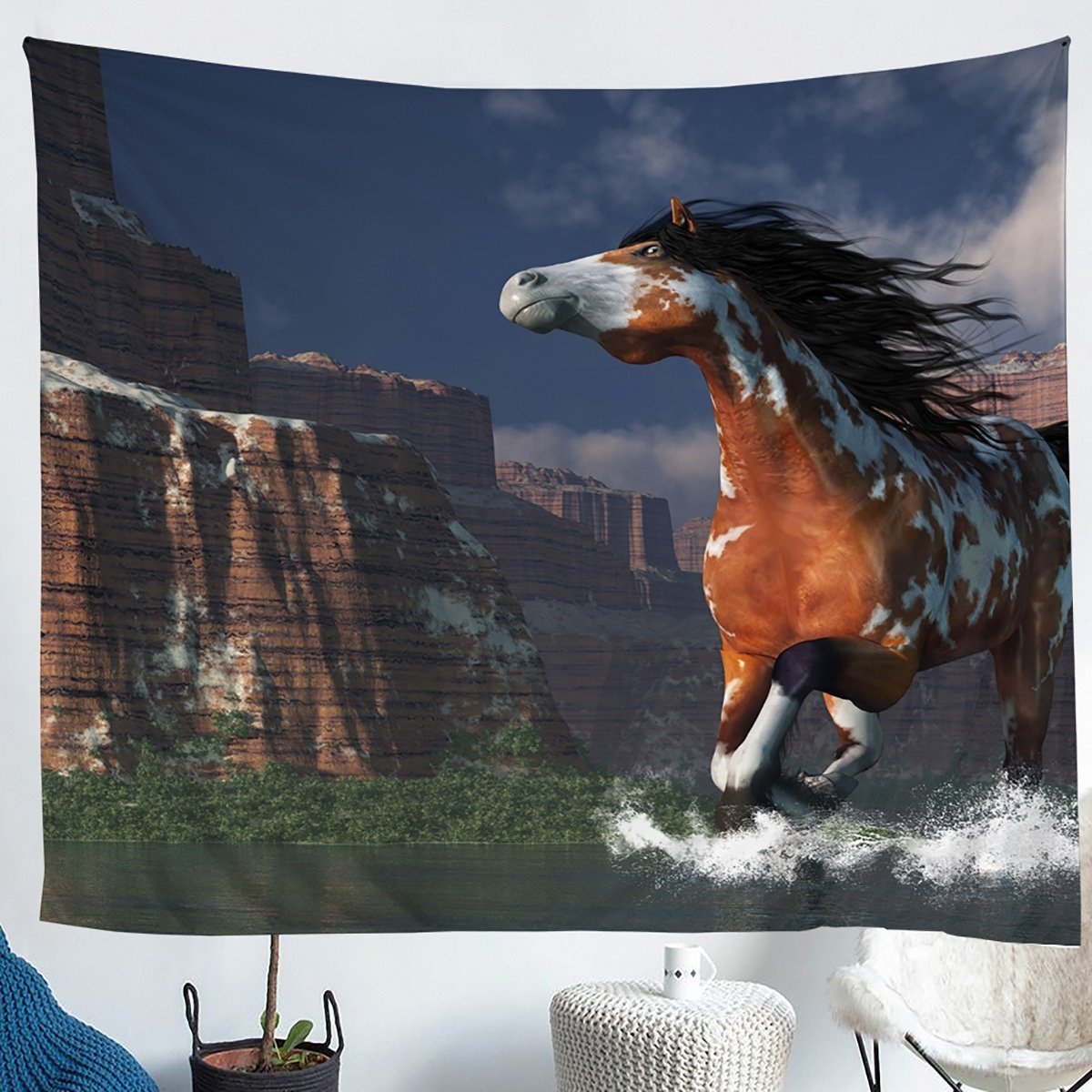 3D Horse Wall Blanket Running Steed Printed Tapestry Animal Theme Wall Hanging for Kids Room Bedroom Living Room Soft Lightweight Bedspread Cover,S M L XL