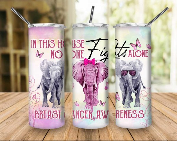 In This House No One Fights Alone Breast Cancer Awareness Elephant Family With Butterfly And Flower Breast Cancer Skinny Tumbler