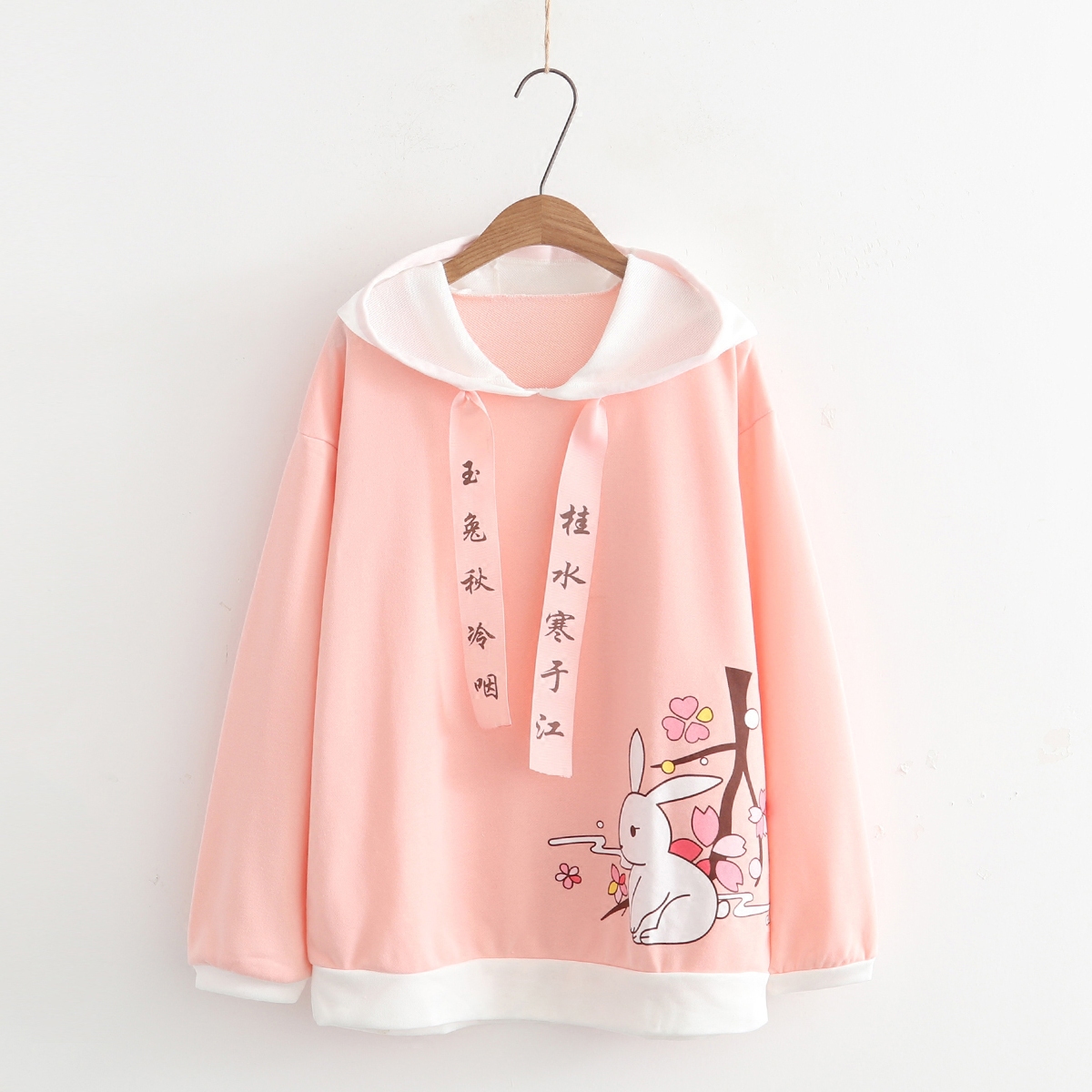 Japanese Femalel Cute Anime Graphic Pink Hoodies Pullover Mori Girl Kawaii Bunny Cartoon Words Moletom Kpop Hooded Sweatshirts alx