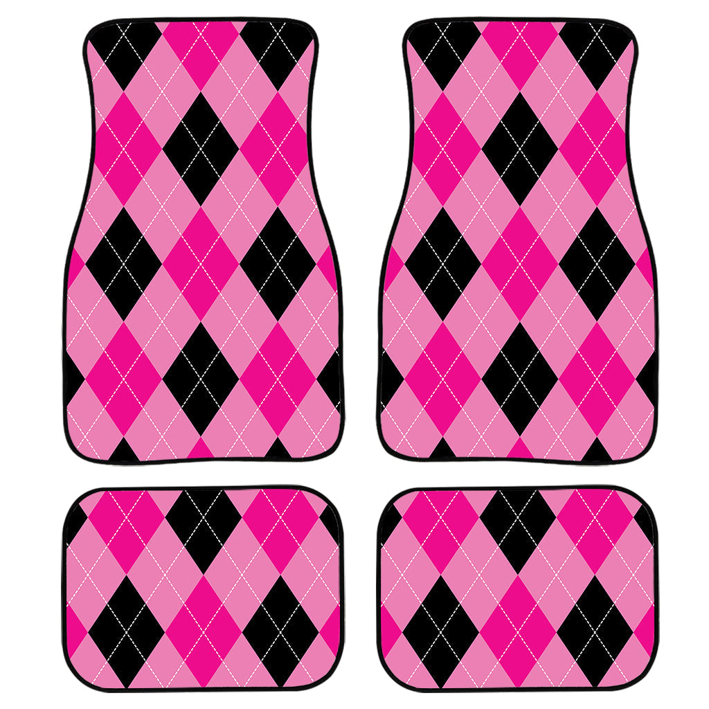 Pink And Black Argyle Pattern Print Front And Back Car Floor Mats, Front Car Mat