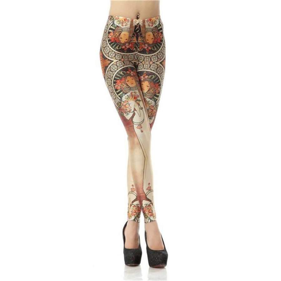 Vintage Flower Girl Women’s Brown Slim High Waisted Elastic Printed Fitness Workout Leggings