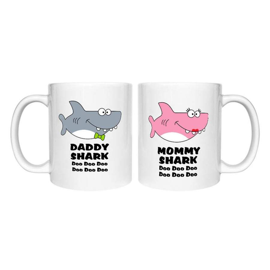 Daddy and Mommy Shark Coffee Mugs Mom Dad Gifts Funny Family Matching Set Mugs