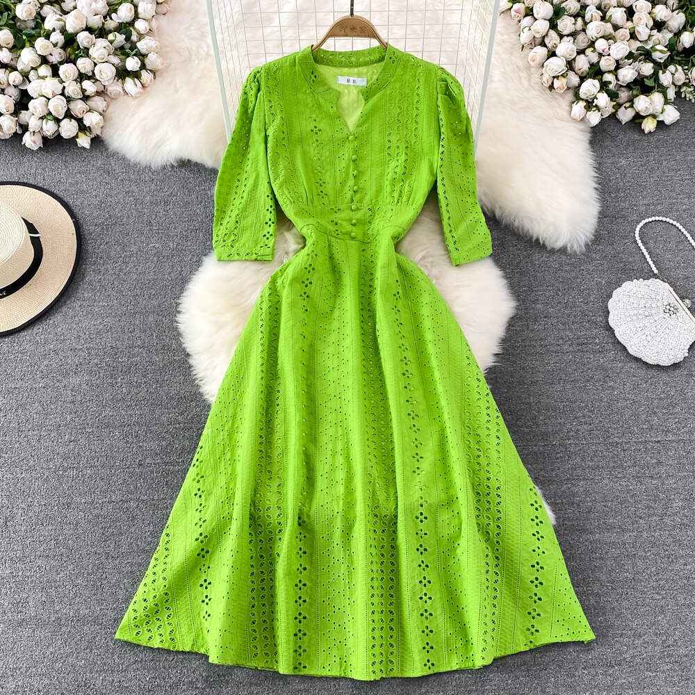 2022 New Spring Summer Women V-Neck Half Sleeve Slim Long Dress High Quality Embroidery Hollow Out Vintage Dress alx