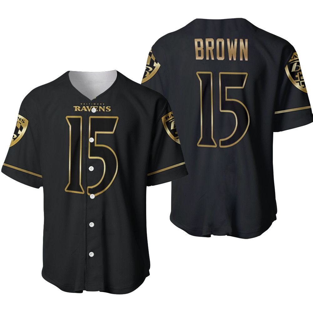 Baltimore Ravens Marquise Brown #15 NFL American Football Team Black Golden Brandedition Vapor 3D Designed Allover Gift For Baltimore Fans Baseball Jersey