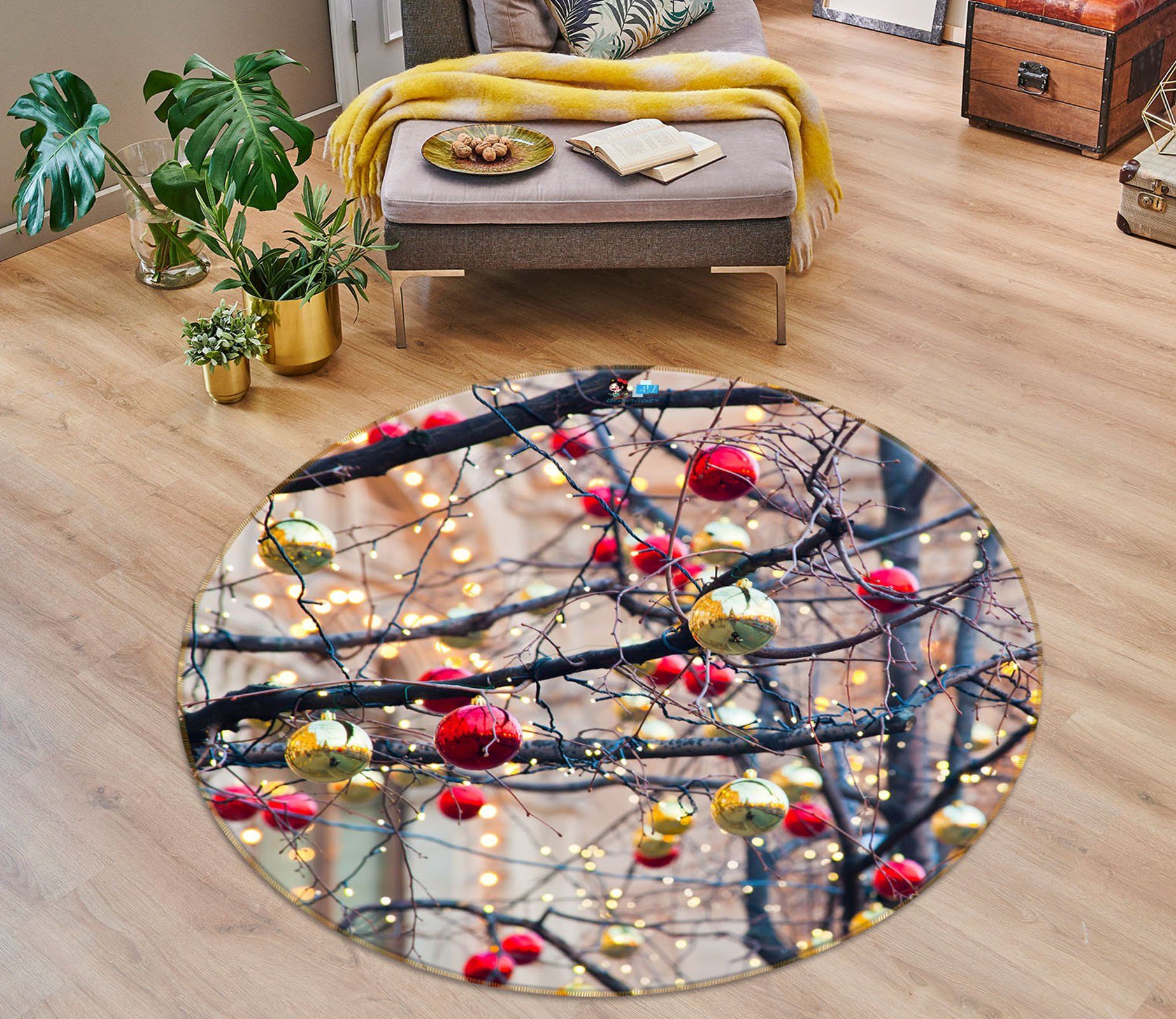 3d Branches Red Yellow Ball 54149 Christmas Round Rug Home Decor Xmas