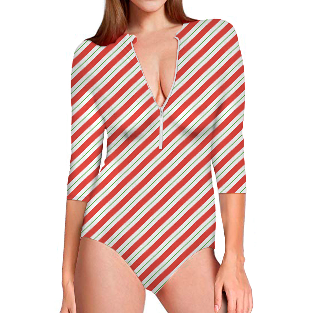 Christmas Candy Cane Stripe Print Long Sleeve One Piece Swimsuit