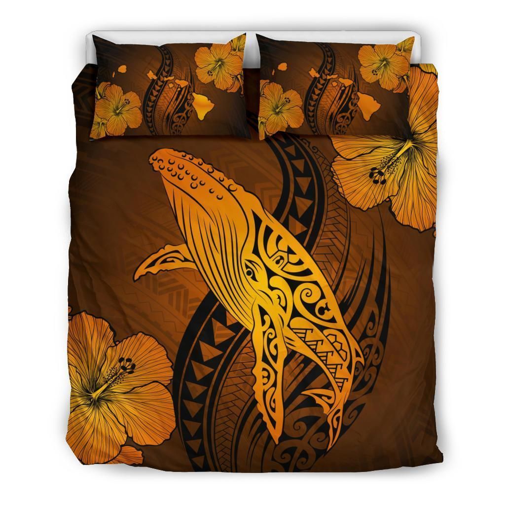 Alohawaii Bedding Set – Cover And Pillow Cases Hawaiian Map Whale Swim Hibiscus Polynesian – Orange – Ah J9