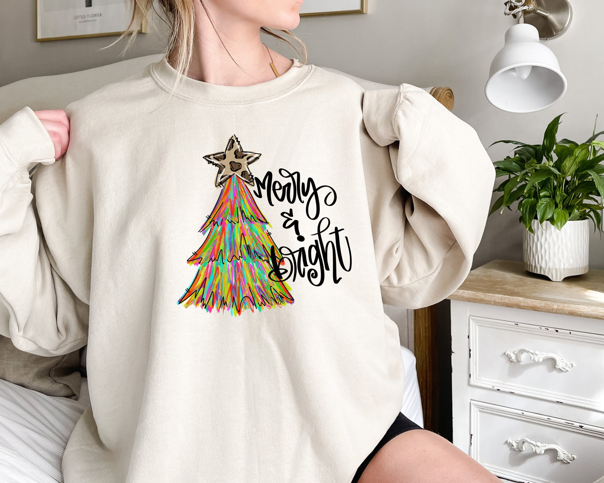 Christmas Sweatshirt, Merry And Bright Sweatshirt, Christmas Tree Sweatshirt, Christmas Tree, Colorful Christmas Sweatshirt, Christmas Gift