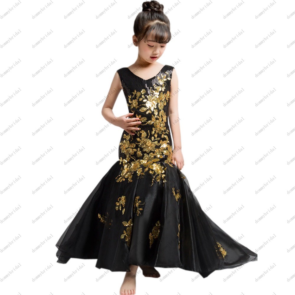 2022 Sexy Black and Gold Embellished V neck Mermaid Little Girls Pageant Prom Formal Dresses for Juniors Kids Birthday Party alx