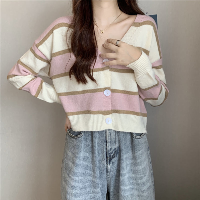 Cardigan Women 2022 Striped Simple Casual Loose Korean Style V-neck Кардиган Женский Fashion Spring Students Young Cozy Chic Ins alx