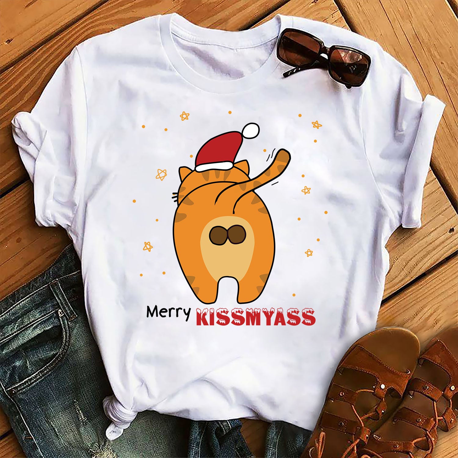 Merry Kissmyass Funny Cat Kitten Christmas Costume Gift Graphic Unisex T Shirt, Sweatshirt, Hoodie Size S – 5XL