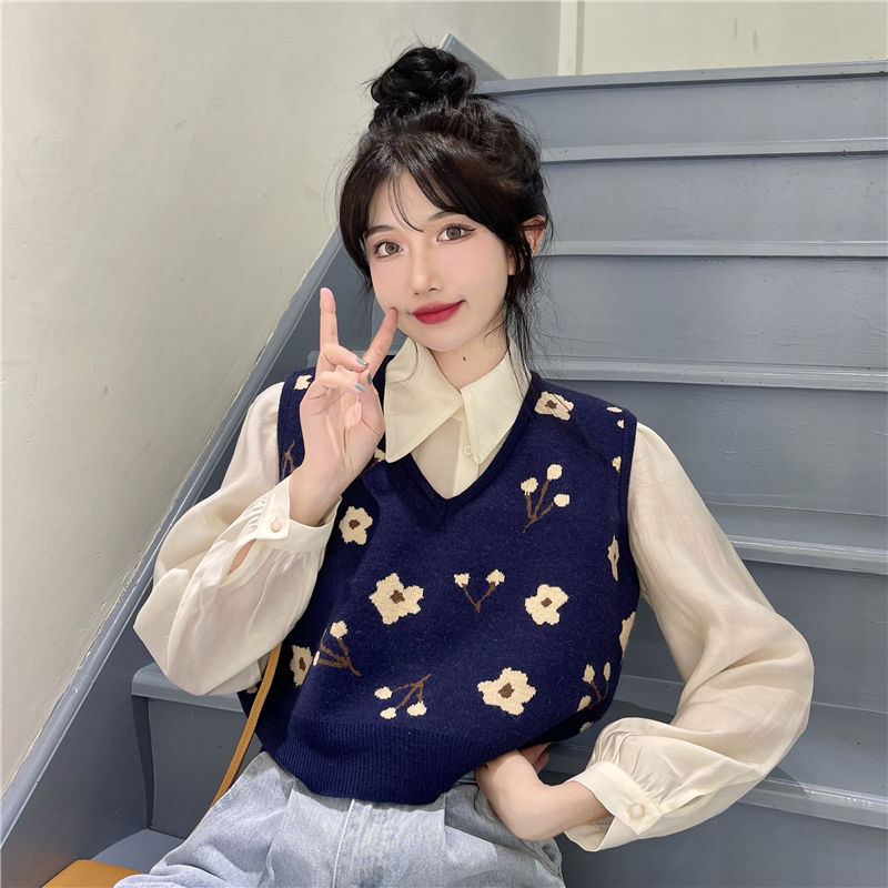 Sweater Vest Women Simple Lovely Loose Preppy Cropped Tops Floral V-Neck Retro Sweet New Korean Fashion College All-match Tricot alx