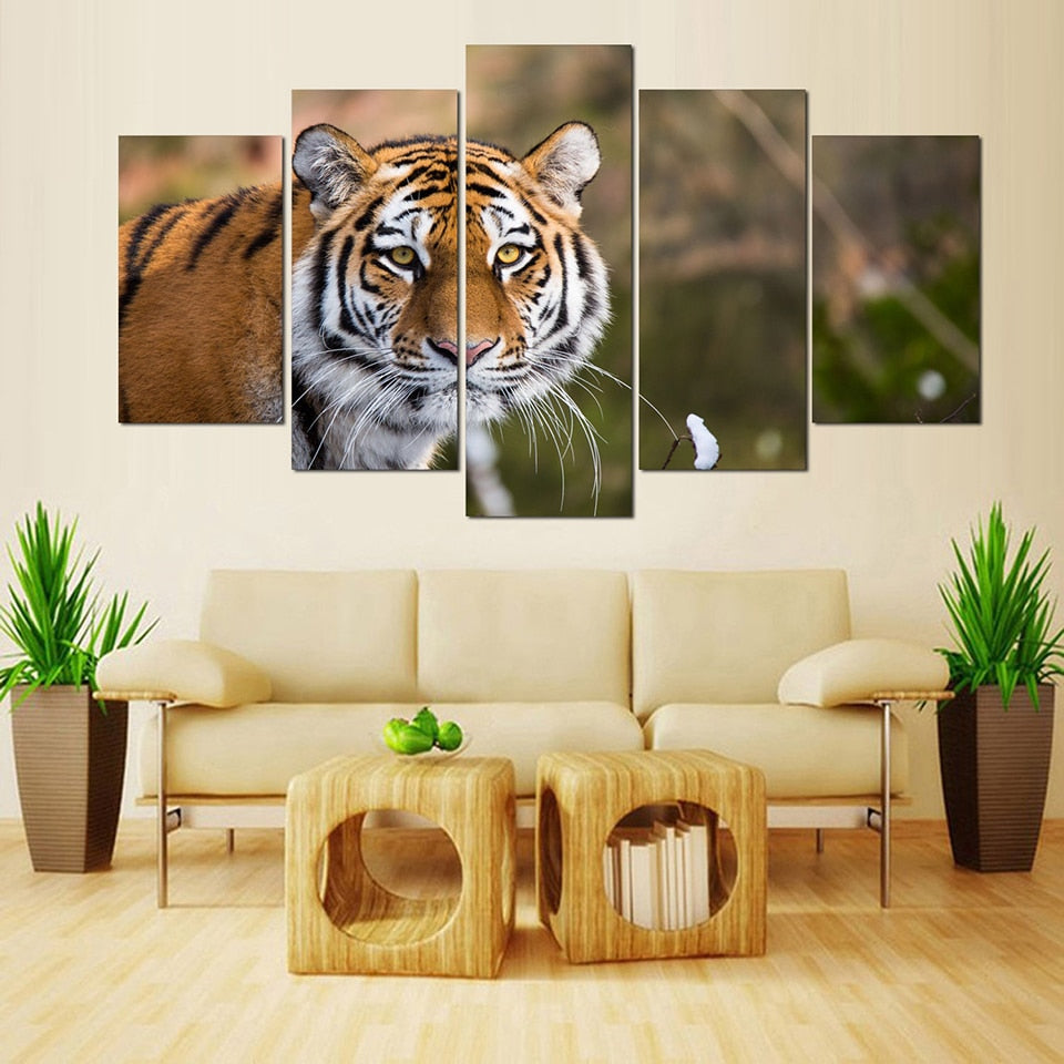 Animal Tiger 5 Piece Hd Multi Panel Canvas Wall Art Frame