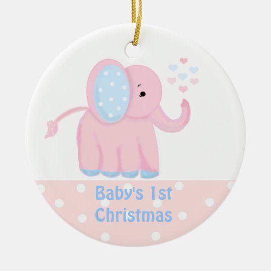 Personalized Ornament Baby’S First Christmas Sweet Pink Elephant Customized Ceramic Circle Ornament 1 – 2 Sided