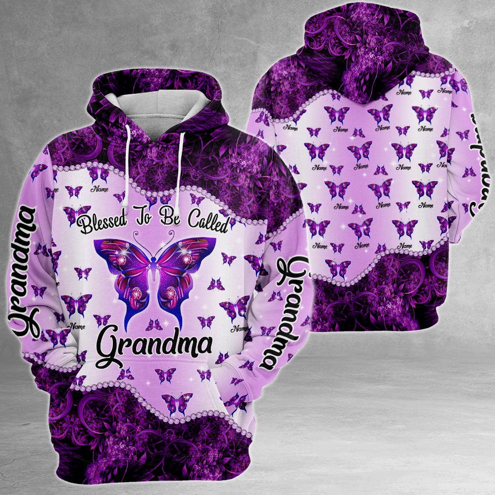 Blessed To Be Called Grandma Purple Butterfly 3D Shirt Grandma With Grandkids Name 3D All Over Print Shirt Hoodie Zip Hoodie