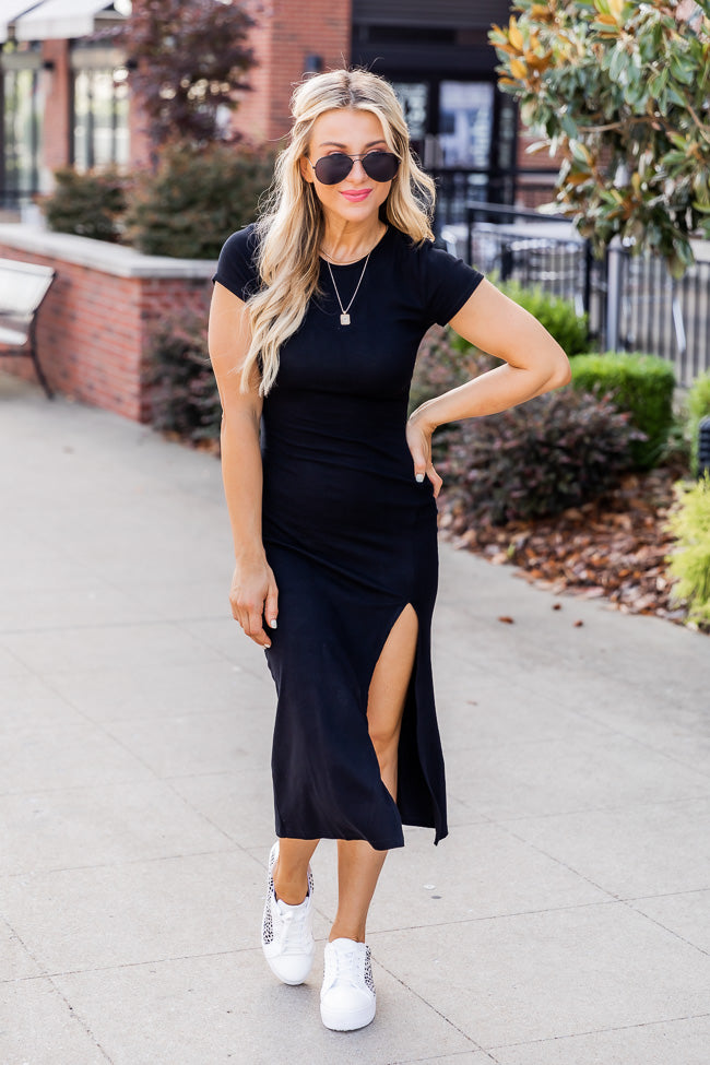 All I Want Is The Weekend Brushed Knit Black T-Shirt Midi Dress