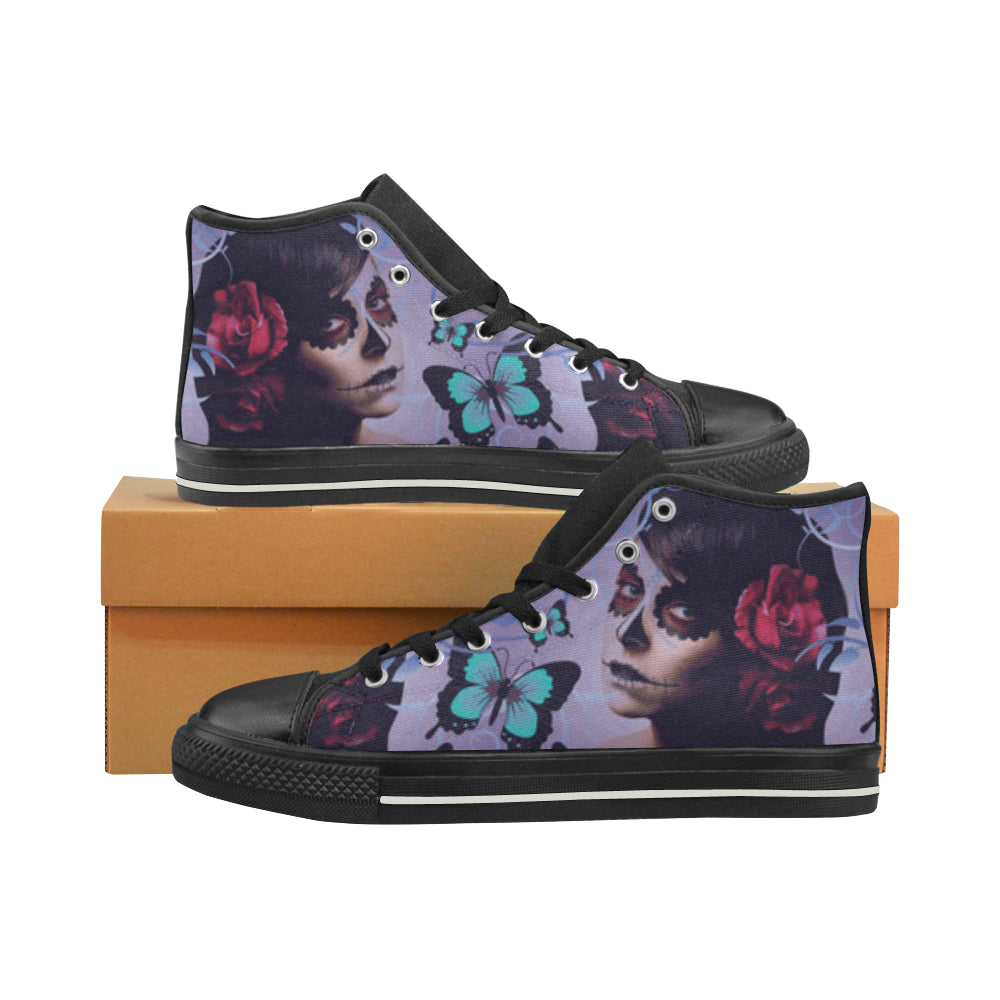 Sugar Skull Candy Black High Top Canvas Women’s Shoes/Large Size