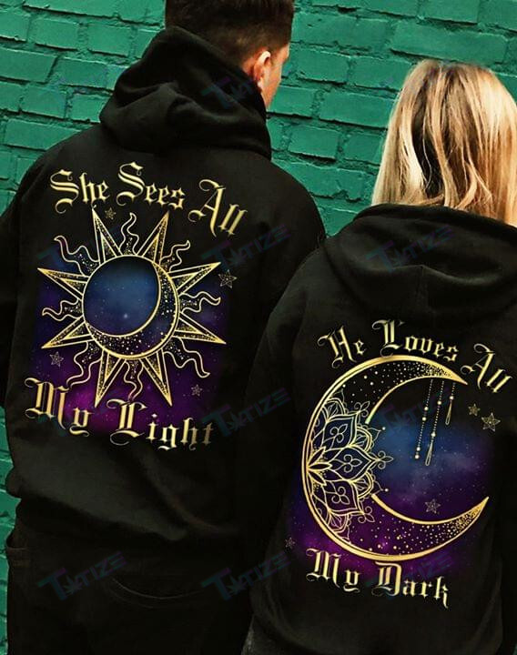 Couple Matching Shirts Sun And Moon Native She Sees All My Light He Loves All My Dark Couple Gift Graphic Unisex T Shirt, Sweatshirt, Hoodie Size S – 5Xl