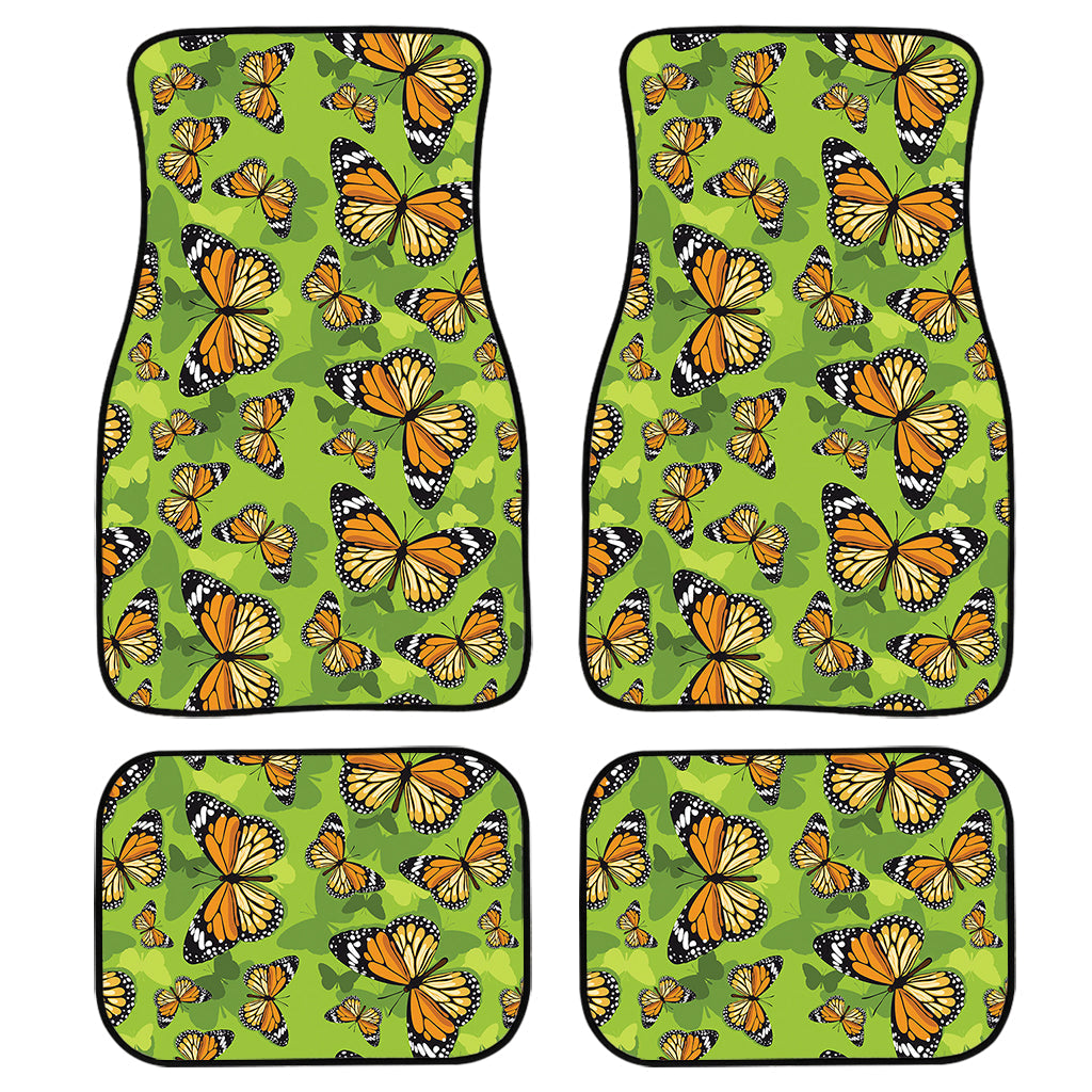 Green Monarch Butterfly Pattern Print Front And Back Car Floor Mats, Front Car Mat