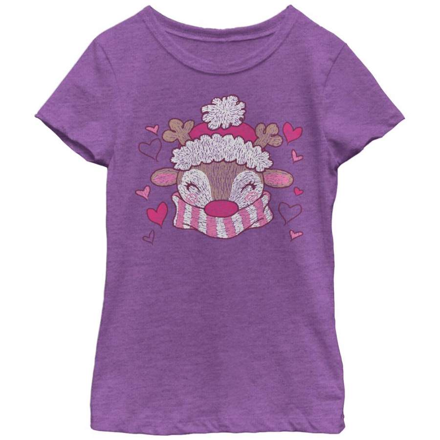 Lost Gods Girl’s Christmas Reindeer  T Shirt Purple Berry S