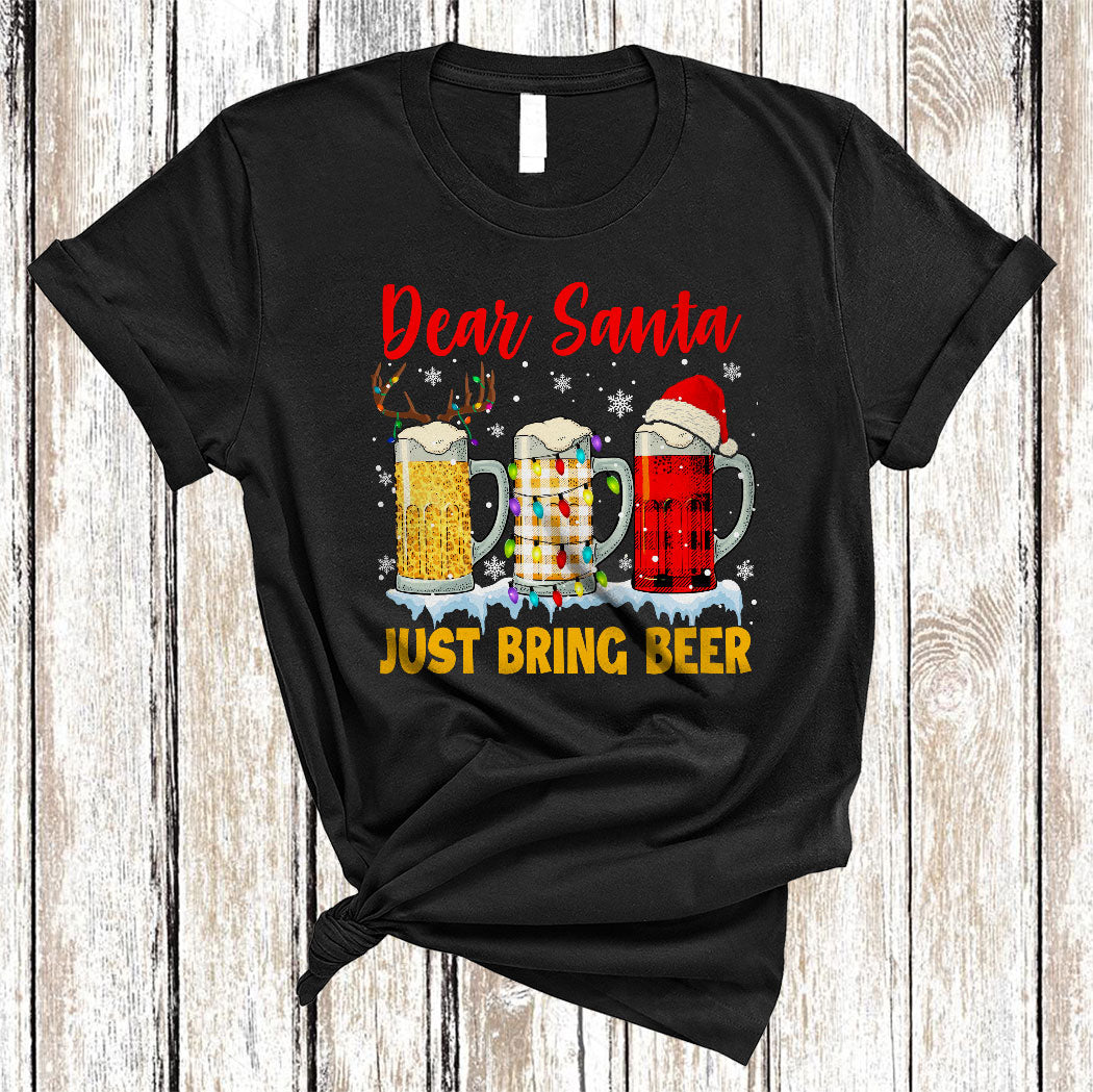 Dear Santa Just Bring Beer Cool Christmas Lights Beer Leopard Plaid Drinking Lover Gifts T-Shirt