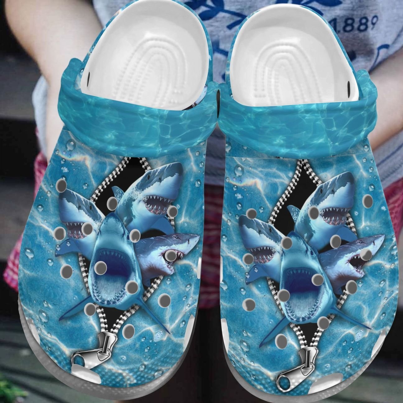 Shark Personalize Clog, Custom Name, Text, Fashion Style For Women, Men, Kid, Print 3D Whitesole Angry Sharks