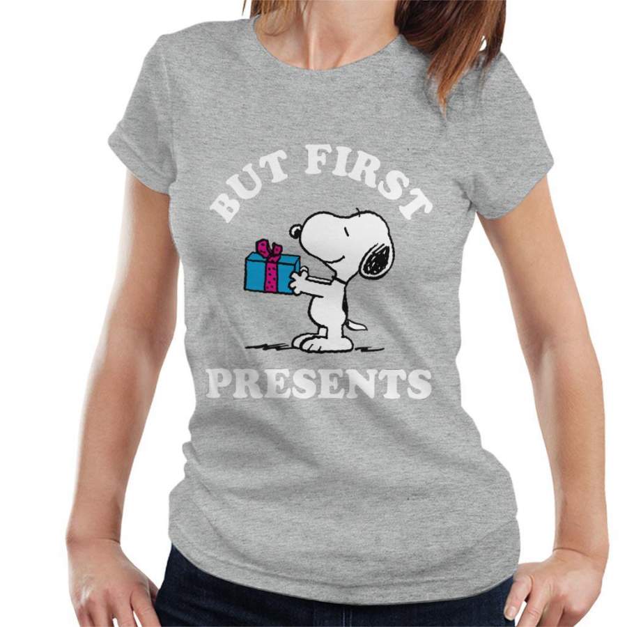 Peanuts Christmas But First Presents Snoopy Women’s T-shirt
