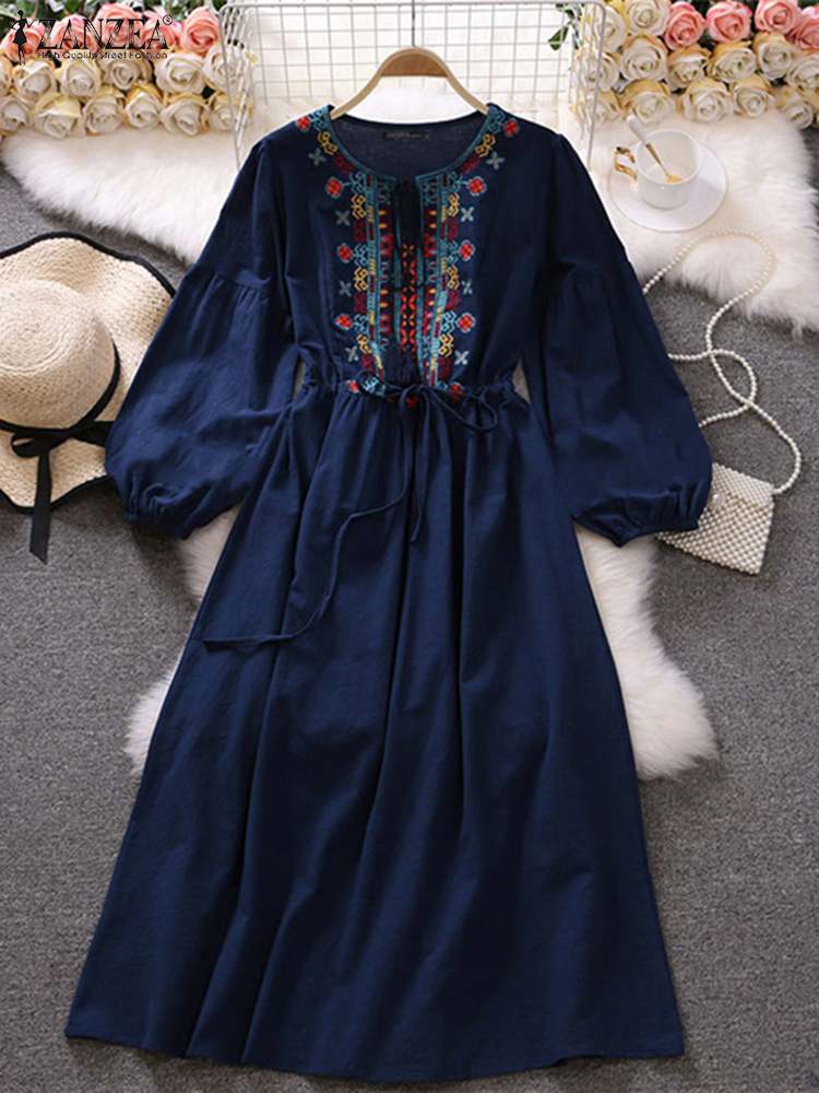 ZANZEA Women’s Bohemian Maxi Dress 2022 Spring Embroidered A Line Robe Longue Casual Holiday Puff Sleeve Swing Dresses Oversized alx