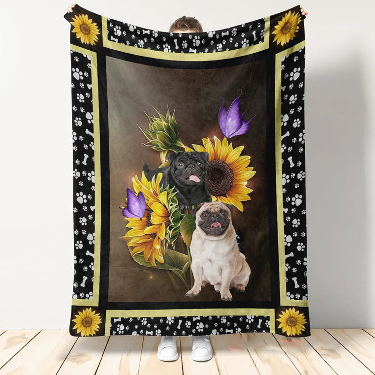 Pug Blanket, Pug Dark Sunflower And Butterfly, Dog Lover Gift Throw Fleece Sherpa Blanket