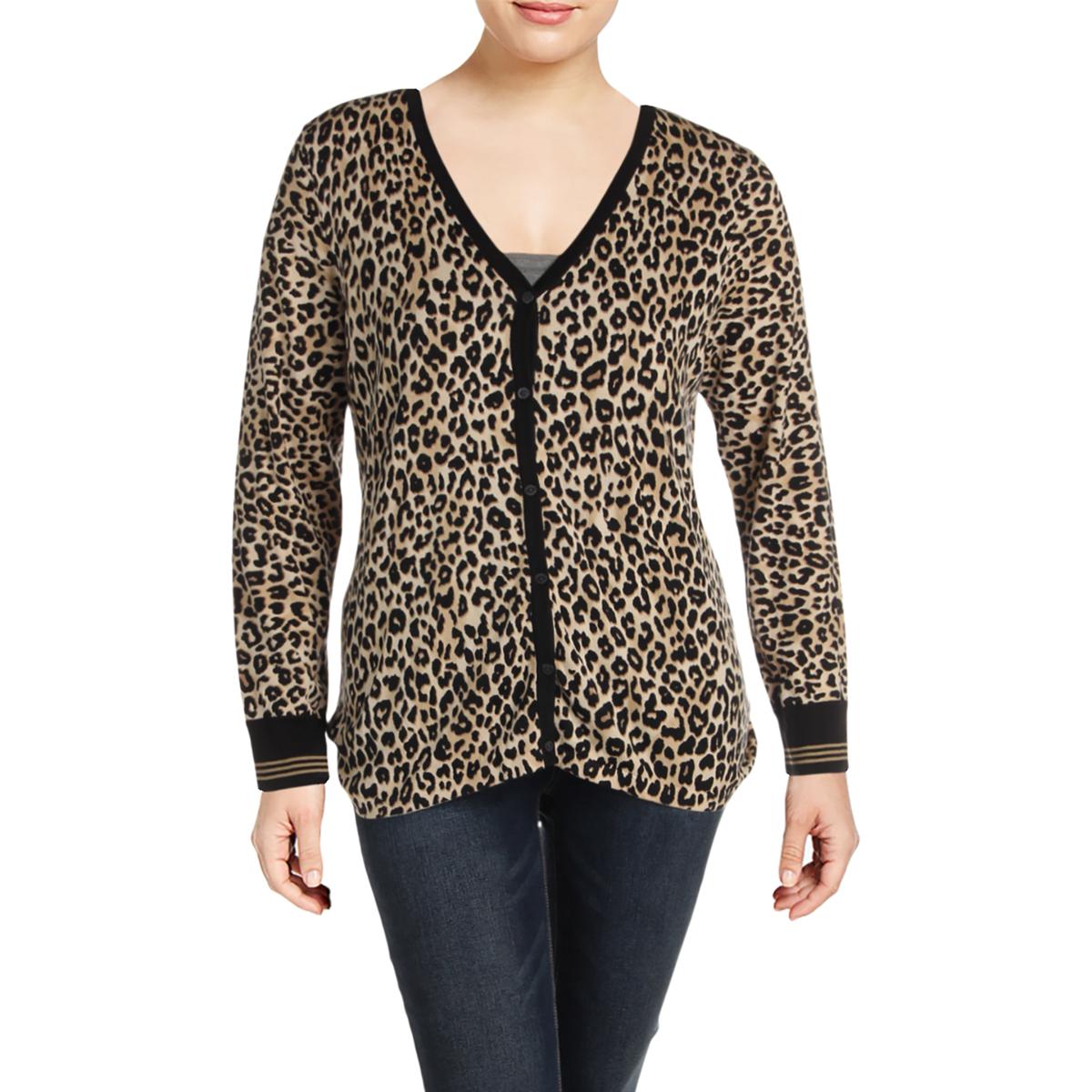 Plus Veronika Womens Animal Print V-Neck Cardigan Sweater