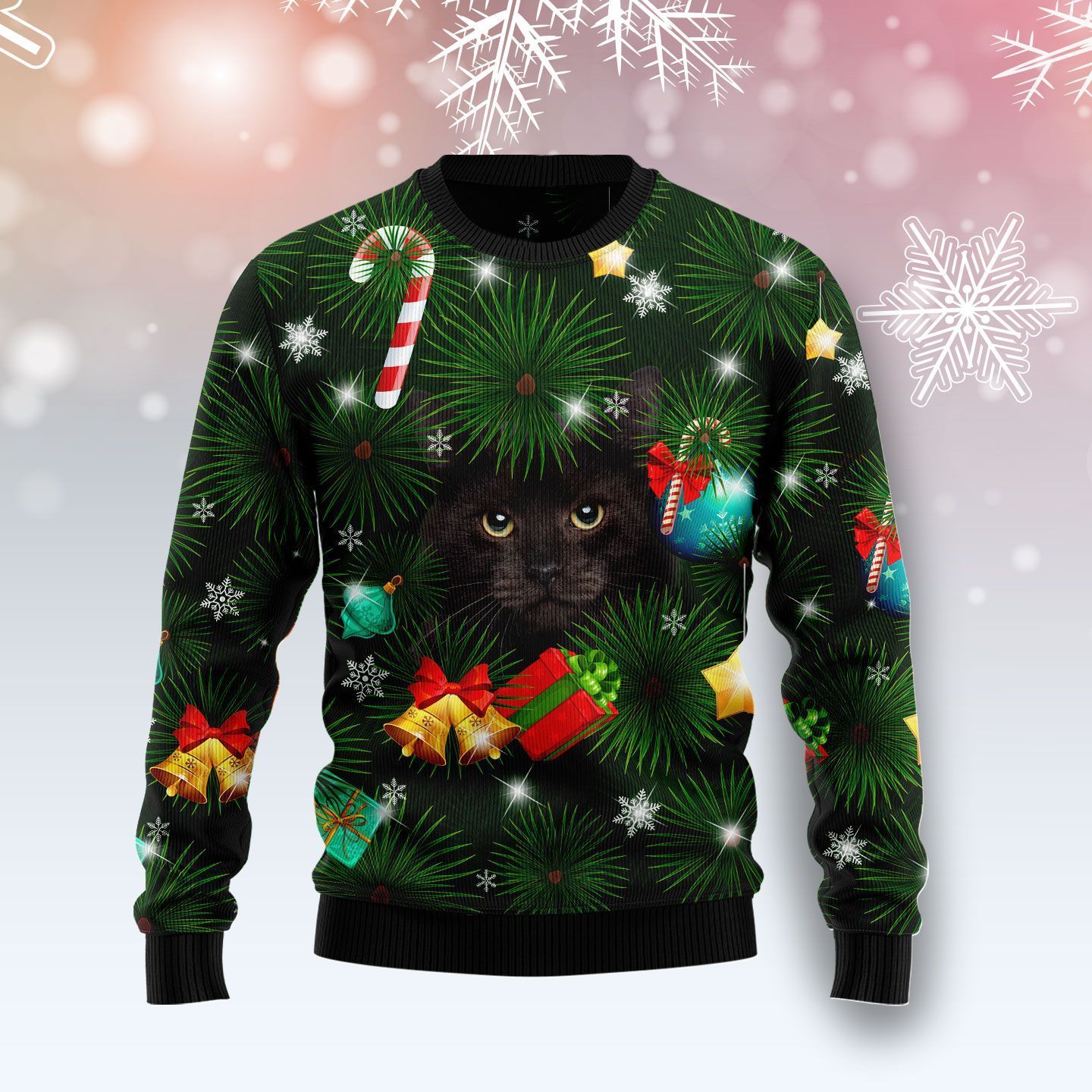 Black Cat Inside Tree Ugly Christmas Sweater For Men & Women Adult