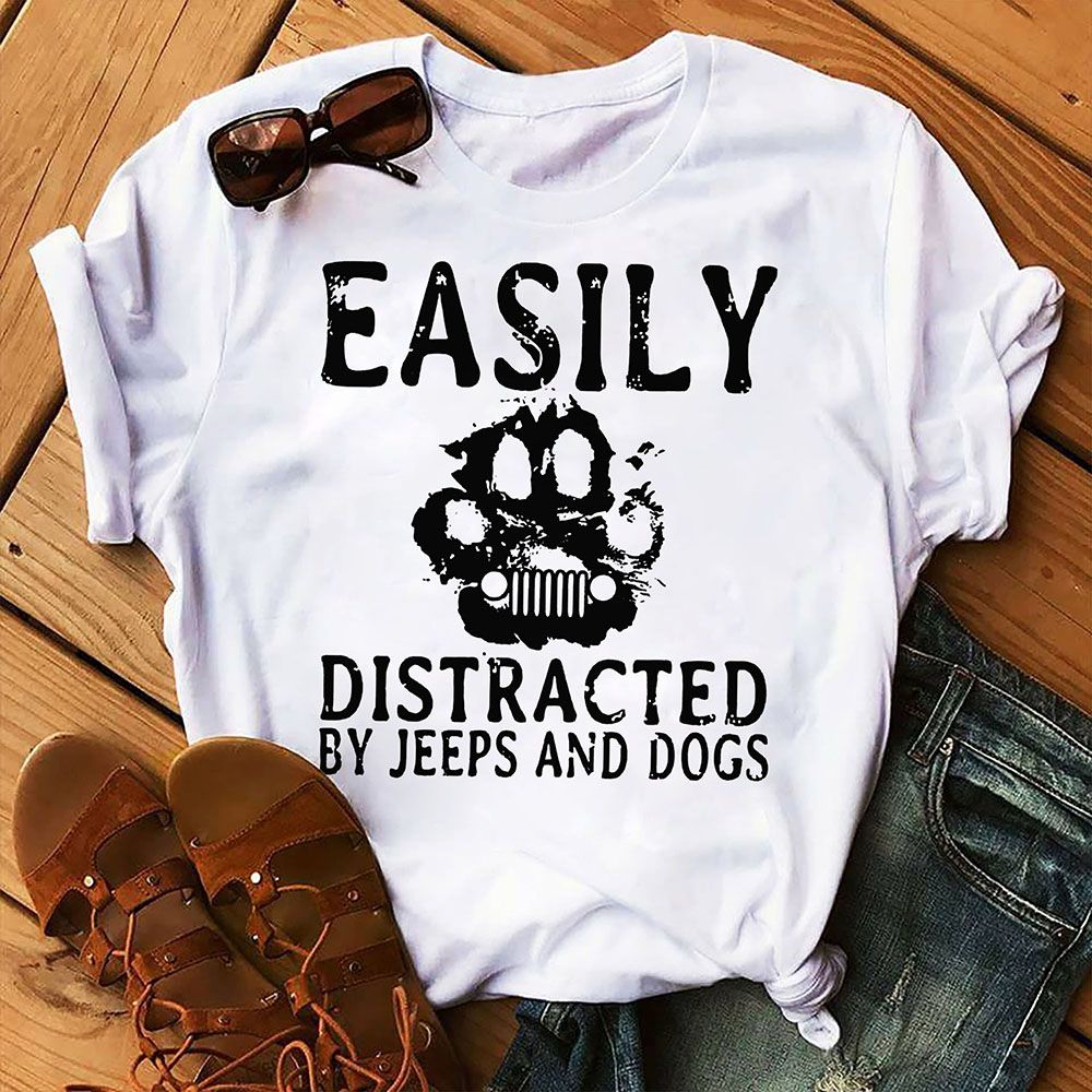 Easily Distracted By Jeeps And Dogs Flower Funny  Gift Graphic T-Shirt