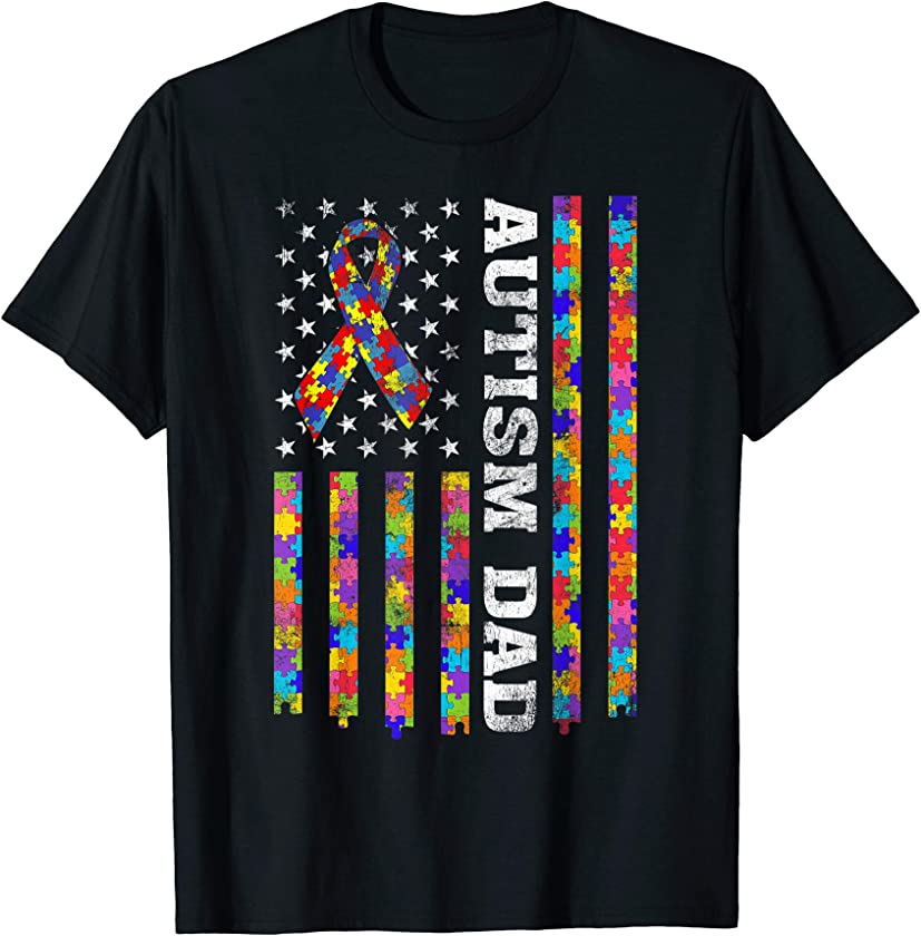 Autism Awareness Proud Autism Dad Vintage USA Flag Gift Men T-Shirt