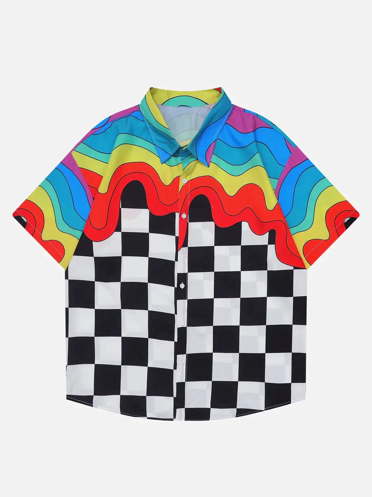 Talishko™ – Splicing Rainbow Checkerboard Print Short Sleeve Shirt