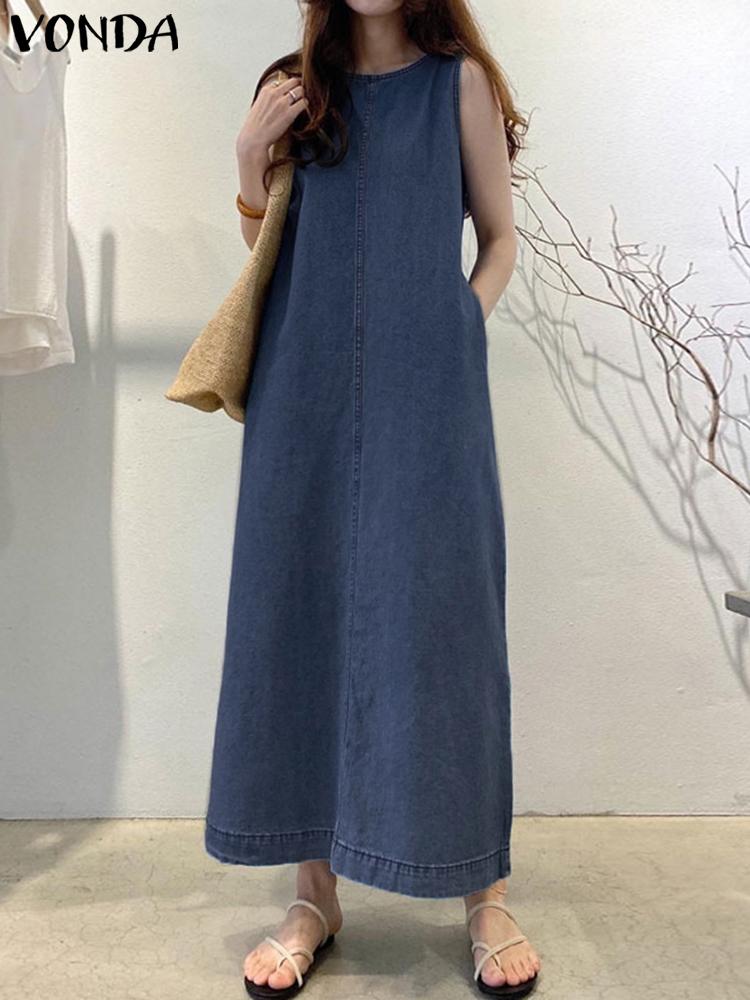 VONDA Y2K Women Fashion Sleeveless Summer Robe A-Line Dress Loose Long Maxi Sundress Femme Casual Pleated Denim Vestido Overszie alx