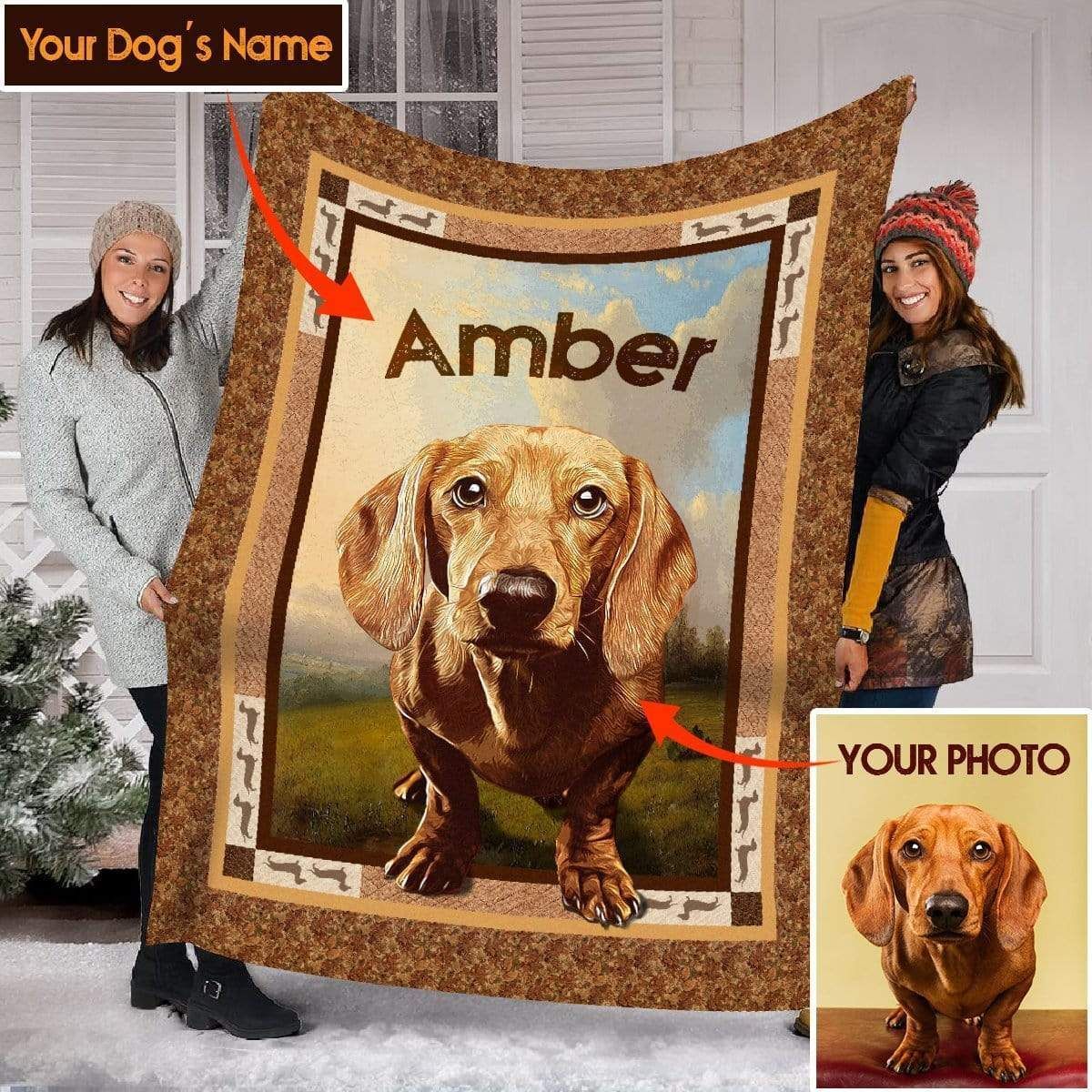 Amber Dachshund Dog Custom Text Image Name Printed Fleece Blanket