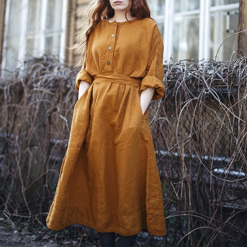 Vinatge 100% Linen Women Dress Casual Solid Long Sleeve Button Up Korean Harajuku Long Maxi Belt Derss Pockets Vestido alx