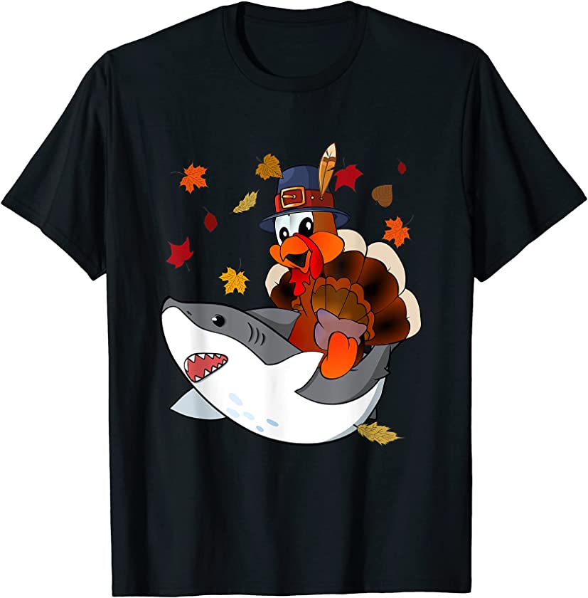 Thanksgiving Turkey Riding Shark Funny Happy Turkey Day T-Shirt