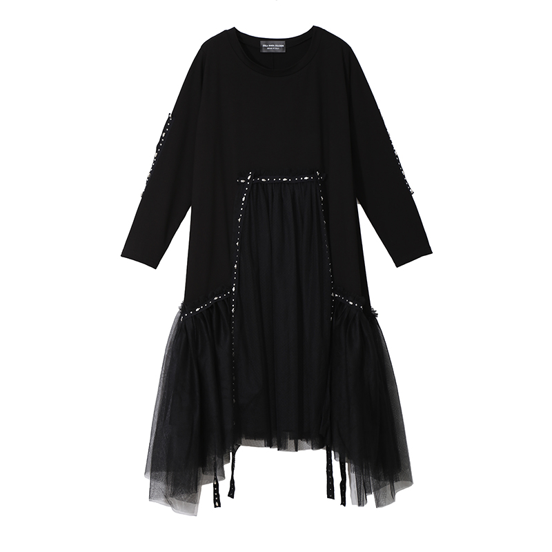 New Plus Size Woman Autumn Solid Black Loose Dress Long Sleeve Mesh Overlay Tapes Ladies Casual Style Midi Dress Robe Femme 4564 alx