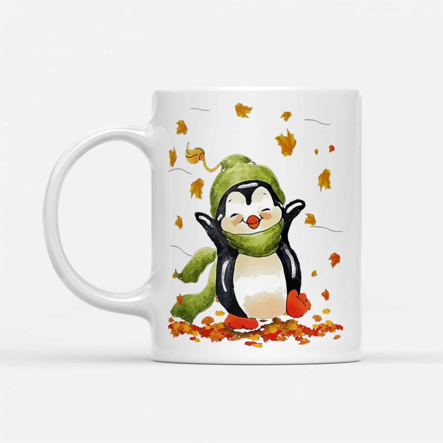 Penguin Fall Maple Leaves – White Mug