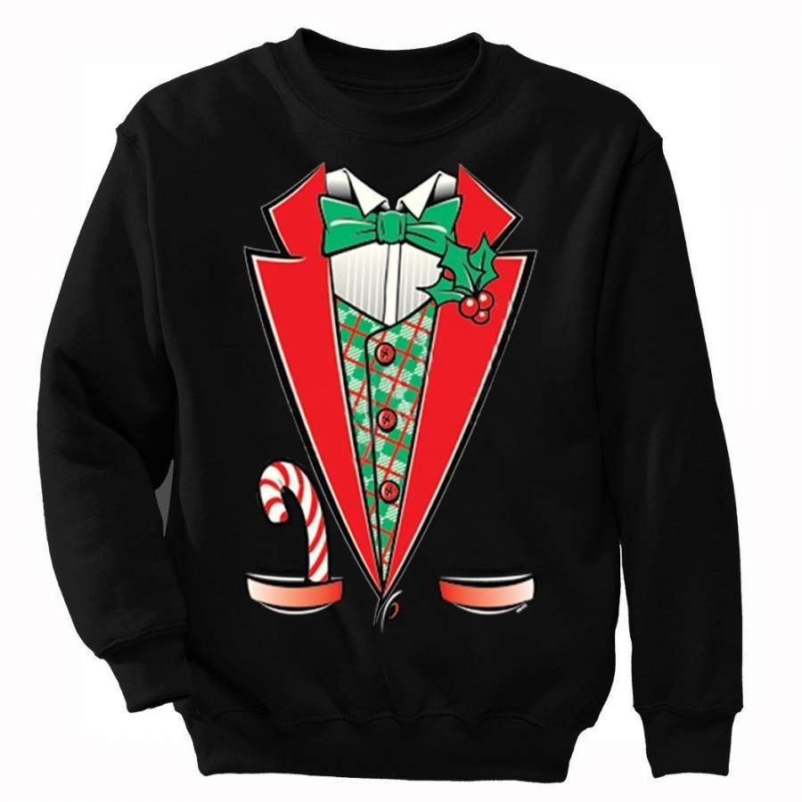 XtraFly Apparel Men’s Mens Tuxedo Shirt Bowtie Ugly Christmas Pullover Crewneck-Sweatshirt