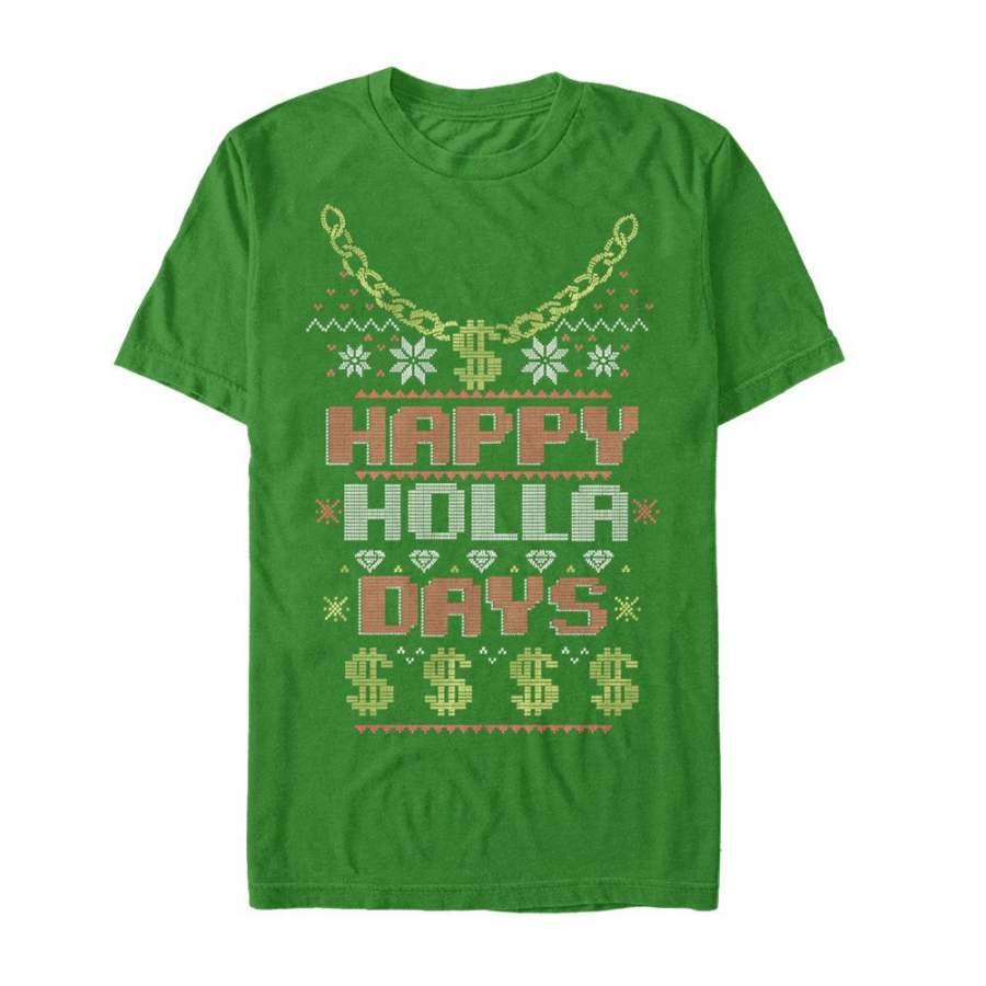 Lost Gods Men’s Ugly Christmas Happy Holla Days  T Shirt Kelly Green