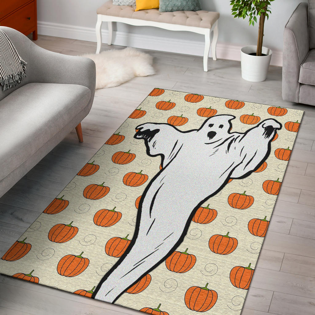 Halloween Area Rug | Ghost Artwork Pumpkin Spiral Patterns Yellow Rugs Home Decor